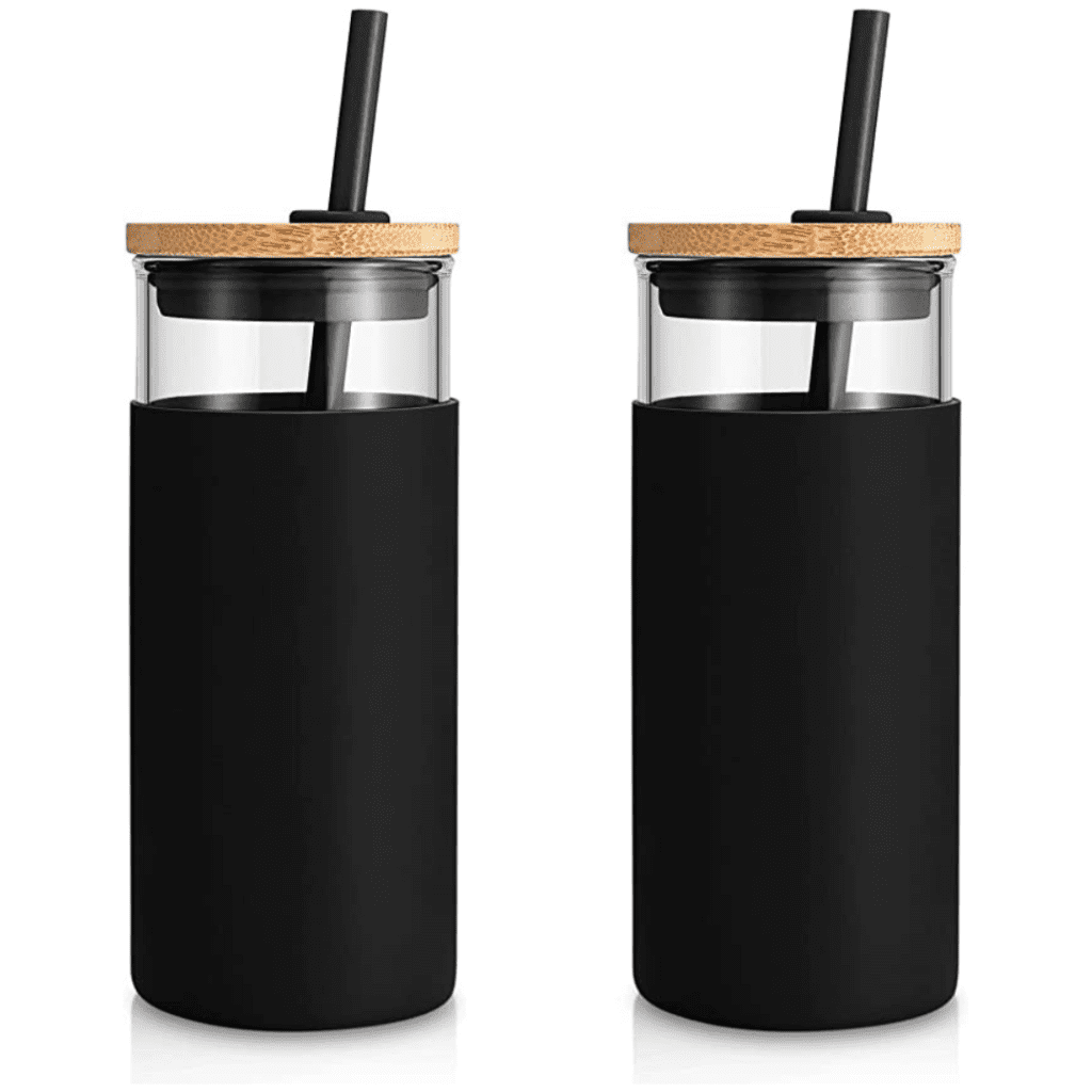 glass water bottle with black silicone sleeve, bamboo lid, and straw