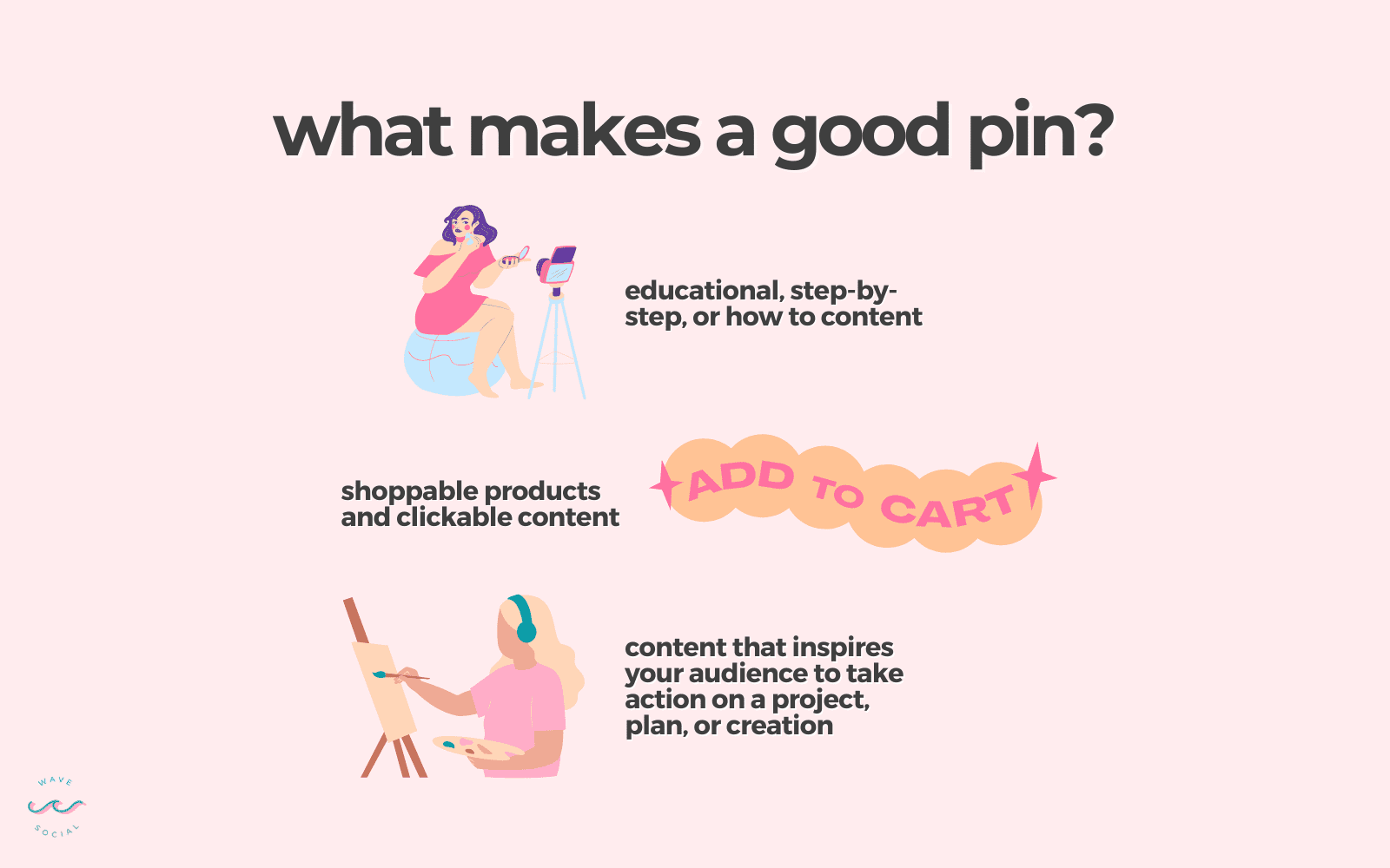 graphic that shows what makes a good pinterest post: educational, step by step, or how to content, Shoppable products and clickable content, or content that inspires your audience to take action on a project, plan, or creation